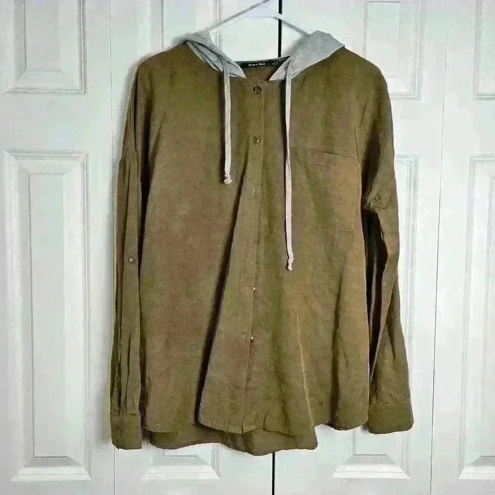 Doe & Rae Olive Green Botton Up Shirt With Grey Attached Hood Size Large